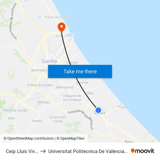 Ceip Lluís Vives [Oliva] to Universitat Politècnica De València - Campus De Gandia map