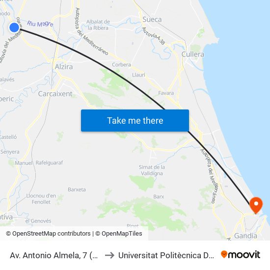 Av. Antonio Almela, 7 (Sentido Valencia) [Alcúdia, L] to Universitat Politècnica De València - Campus De Gandia map