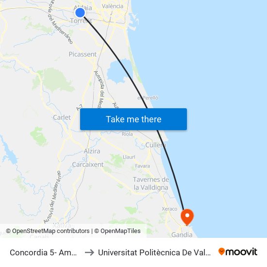 Concordia 5- Ambulatorio [Aldaia] to Universitat Politècnica De València - Campus De Gandia map