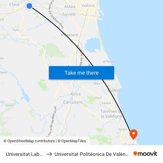 Universitat Laboral [Cheste] to Universitat Politècnica De València - Campus De Gandia map