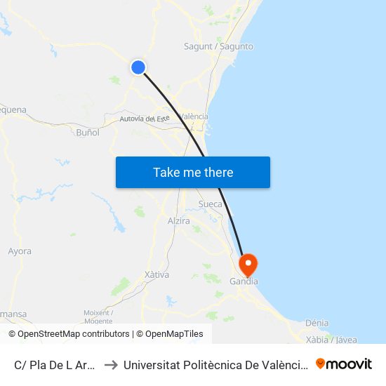 C/ Pla De L Arc, 32 [Llíria] to Universitat Politècnica De València - Campus De Gandia map