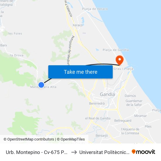 Urb. Montepino - Cv-675 Pk 5+570 Ascendente (A Demanda) [Gandia] to Universitat Politècnica De València - Campus De Gandia map
