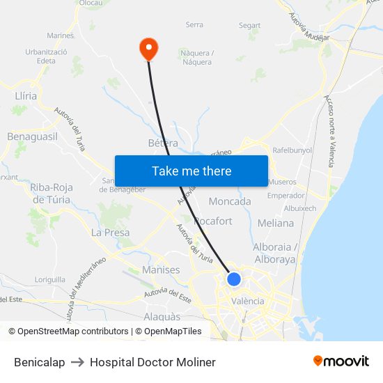 Benicalap to Hospital Doctor Moliner map