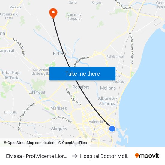 Eivissa - Prof.Vicente Llorens to Hospital Doctor Moliner map