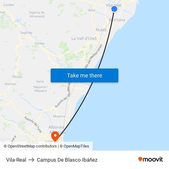 Vila-Real to Campus De Blasco Ibáñez map