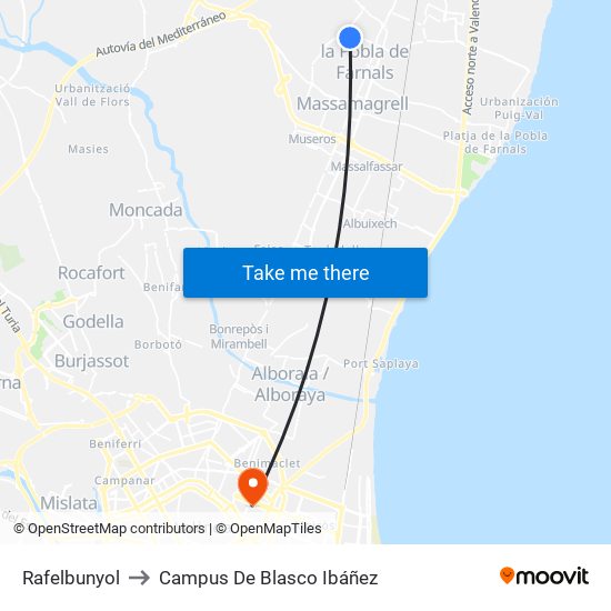 Rafelbunyol to Campus De Blasco Ibáñez map