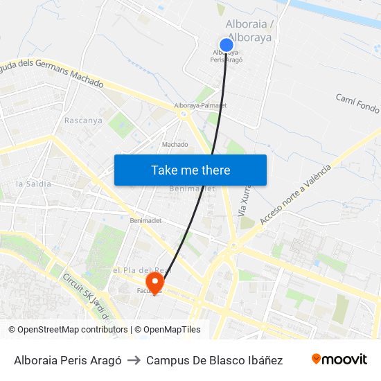 Alboraia Peris Aragó to Campus De Blasco Ibáñez map