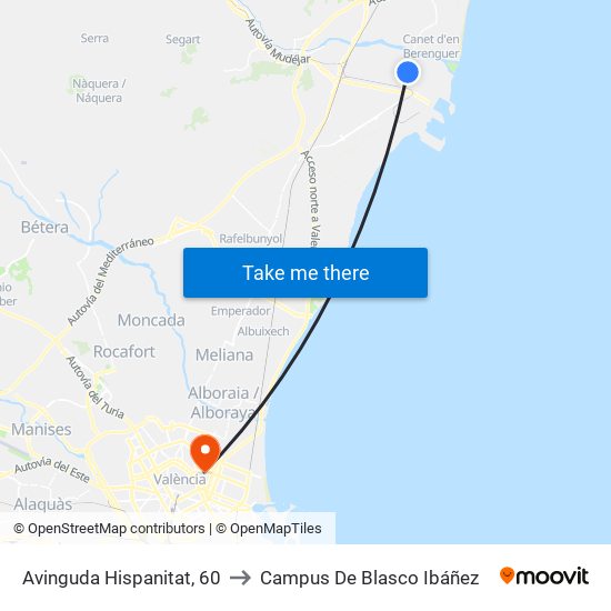 Avinguda Hispanitat, 60 to Campus De Blasco Ibáñez map