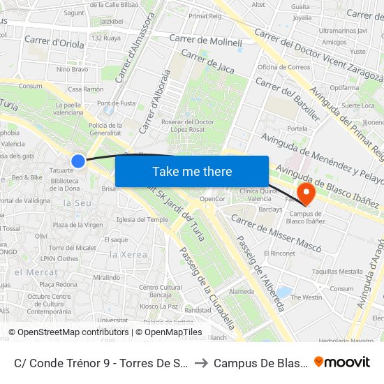 C/ Conde Trénor 9 - Torres De Serrano [València] to Campus De Blasco Ibáñez map