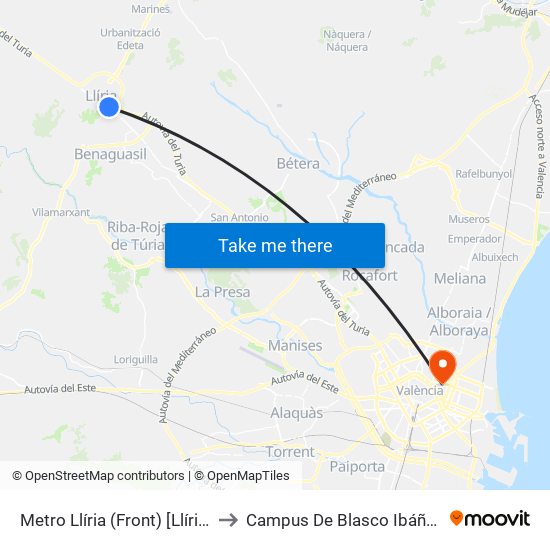 Metro Llíria (Front) [Llíria] to Campus De Blasco Ibáñez map