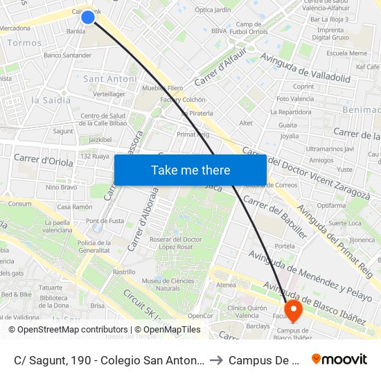 C/ Sagunt, 190 - Colegio San Antonio Abad Salesianos [València] to Campus De Blasco Ibáñez map