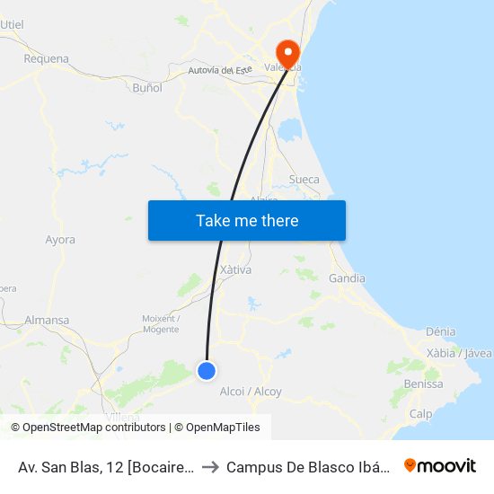 Av. San Blas, 12 [Bocairent] to Campus De Blasco Ibáñez map