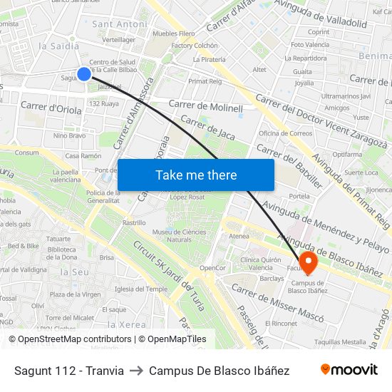 Sagunt 112 - Tranvia to Campus De Blasco Ibáñez map