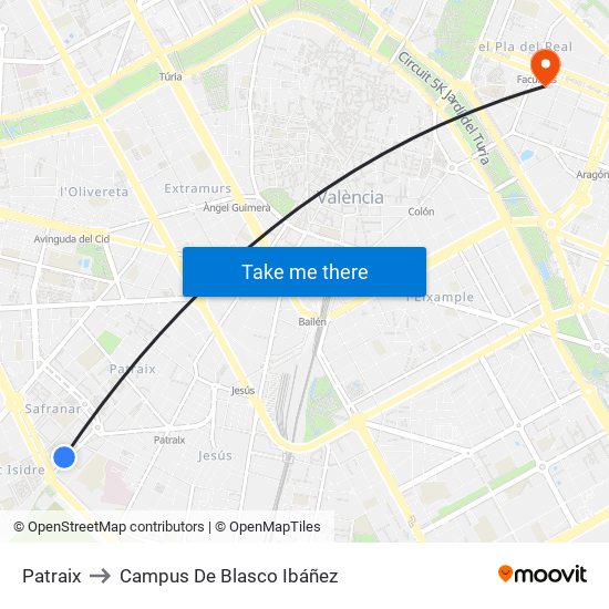 Patraix to Campus De Blasco Ibáñez map