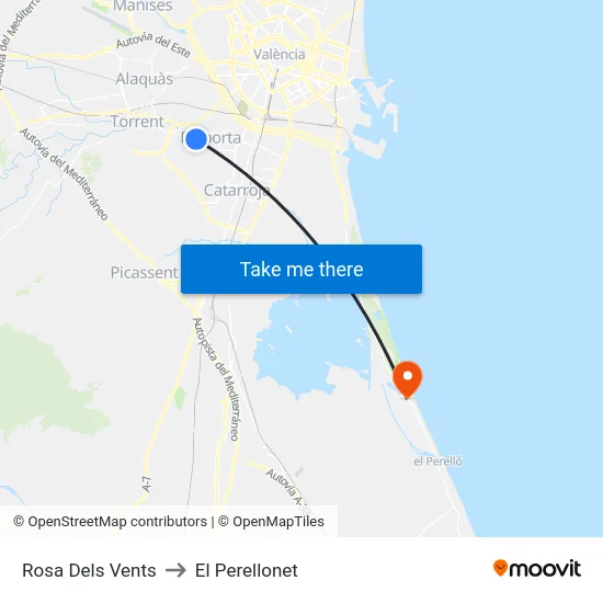 Rosa Dels Vents to El Perellonet map