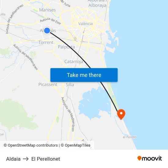 Aldaia to El Perellonet map