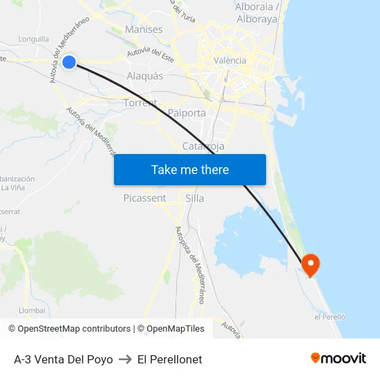 A-3 Venta Del Poyo to El Perellonet map