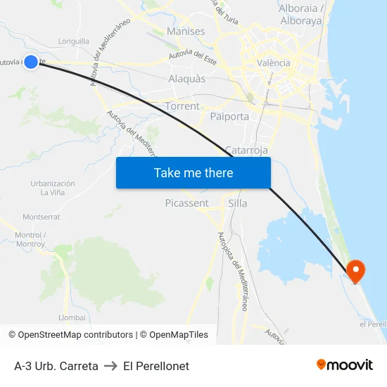 A-3 Urb. Carreta to El Perellonet map