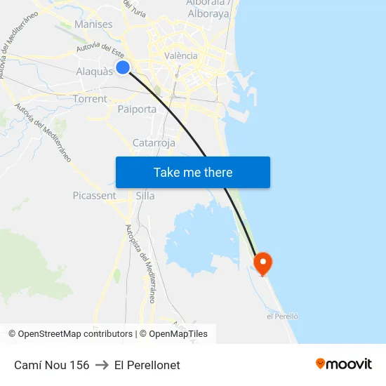 Camí Nou 156 to El Perellonet map