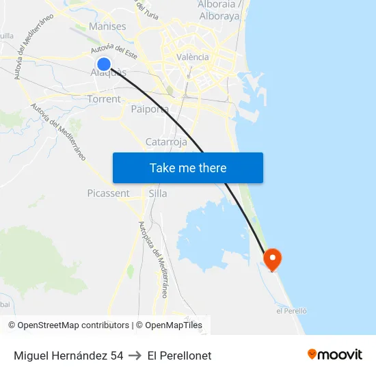 Aldaia. Miguel Hernández 54 to El Perellonet map
