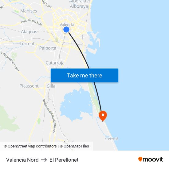 Valencia Nord to El Perellonet map