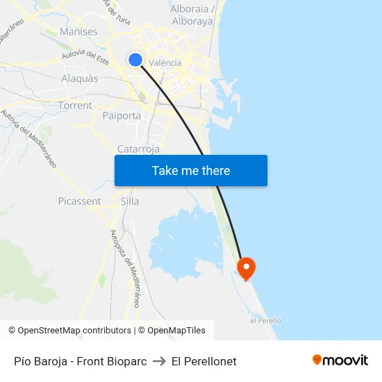 Pío Baroja - Front Bioparc to El Perellonet map