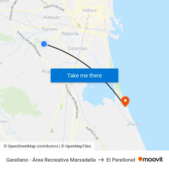 Garellano - Área Recreativa Marxadella to El Perellonet map