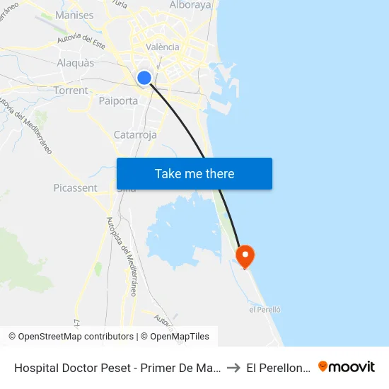 Hospital Doctor Peset - Primer De Maig to El Perellonet map