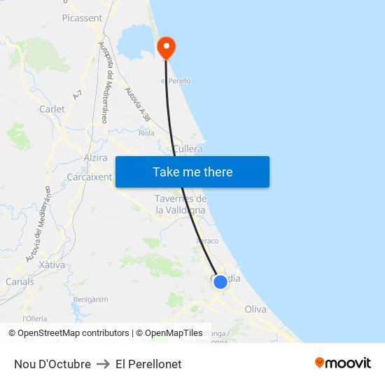 Nou D'Octubre to El Perellonet map