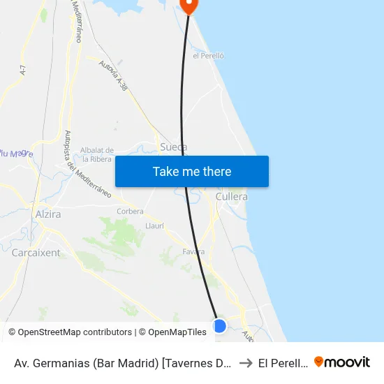 Av. Germanias (Bar Madrid) [Tavernes De La Valldigna] to El Perellonet map