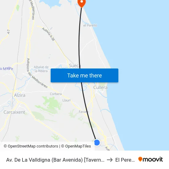 Av. De La Valldigna (Bar Avenida) [Tavernes De La Valldigna] to El Perellonet map