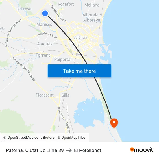 Paterna. Ciutat De Llíria 39 to El Perellonet map