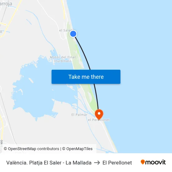 València. Platja El Saler - La Mallada to El Perellonet map