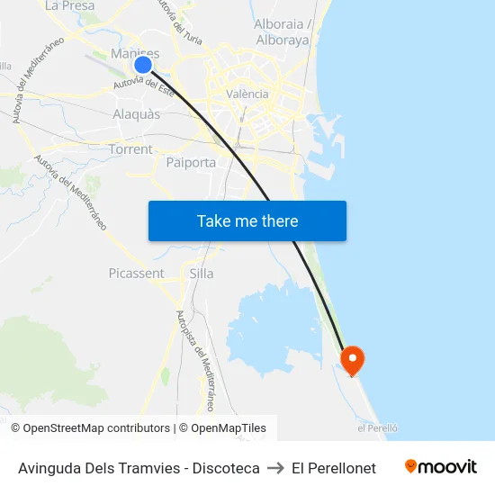 Avinguda Dels Tramvies - Discoteca to El Perellonet map