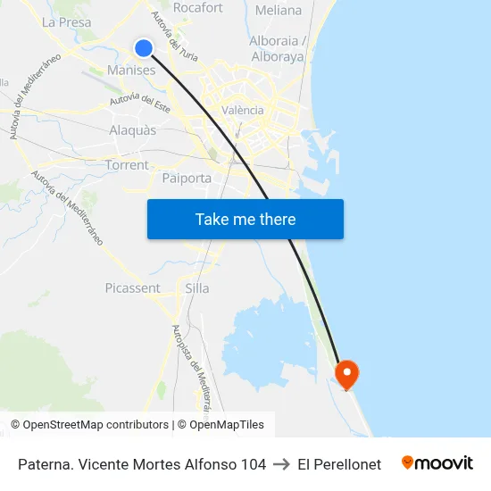 Paterna. Vicente Mortes Alfonso 104 to El Perellonet map