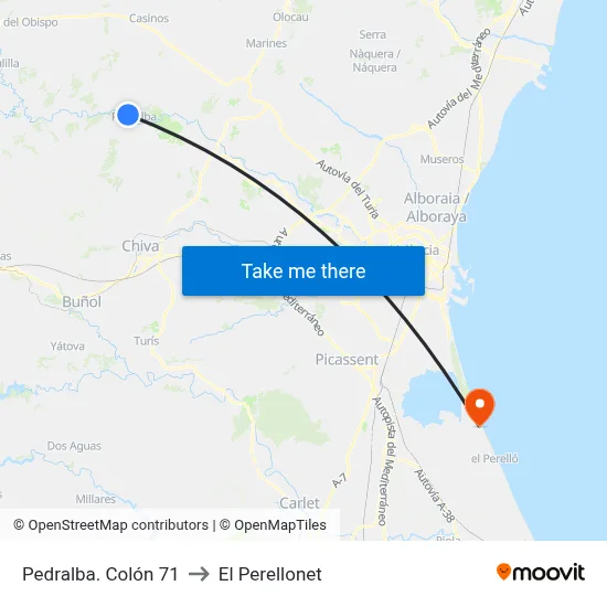 Pedralba. Colón 71 to El Perellonet map