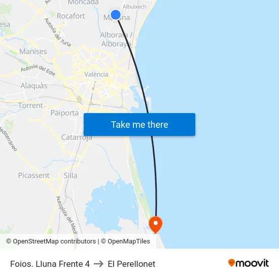 Foios. Lluna Frente 4 to El Perellonet map