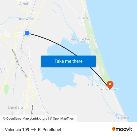 València 109 to El Perellonet map