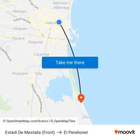 Estadi De Mestalla (Front) to El Perellonet map