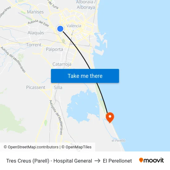 Tres Creus (Parell) - Hospital General to El Perellonet map