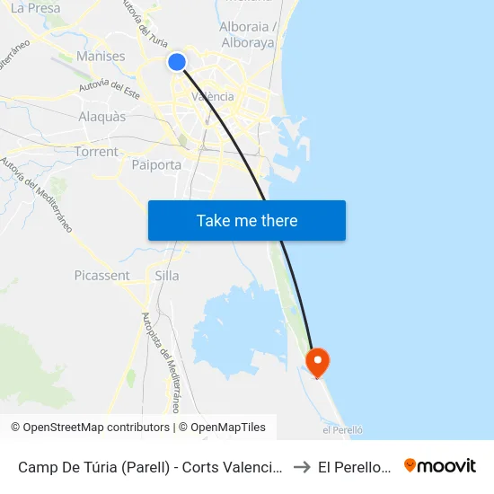 Camp De Túria (Parell) - Corts Valencianes to El Perellonet map