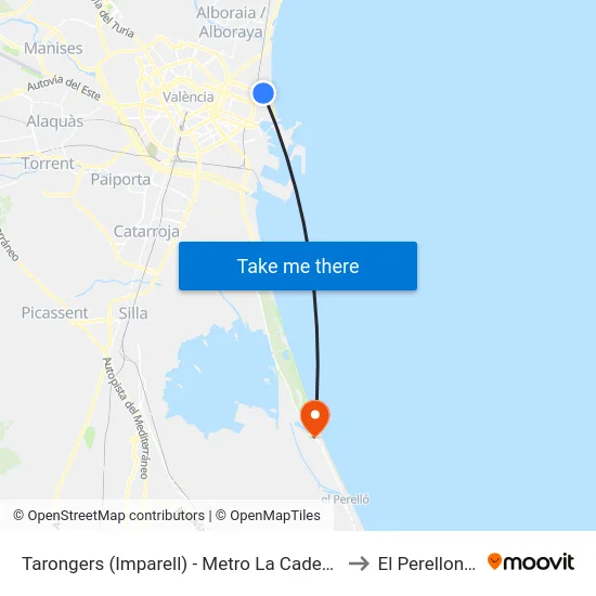 Tarongers (Imparell)  - Metro La Cadena to El Perellonet map