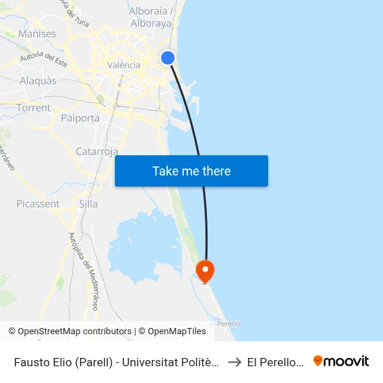 Fausto Elio (Parell) - Universitat Politècnica to El Perellonet map