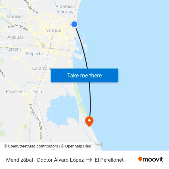 Mendizábal - Doctor Álvaro López to El Perellonet map