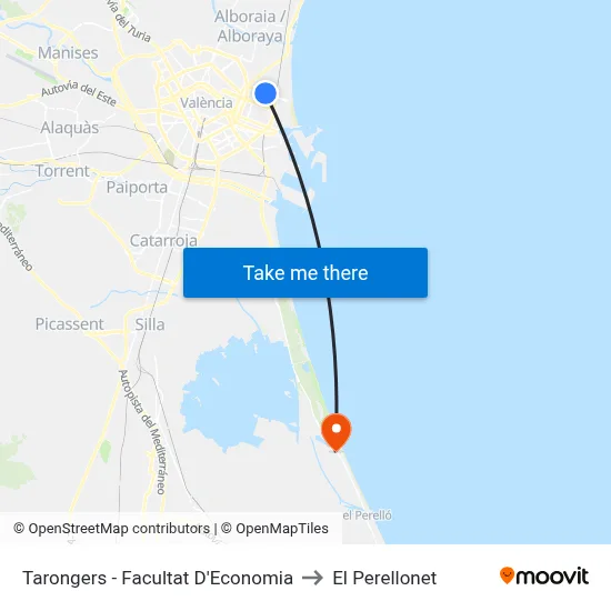 Tarongers - Facultat D'Economia to El Perellonet map