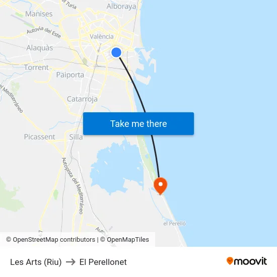 Les Arts (Riu) to El Perellonet map