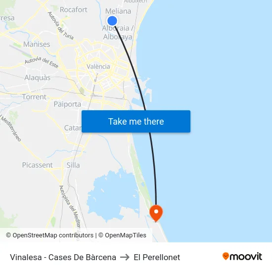 Vinalesa - Cases De Bàrcena to El Perellonet map