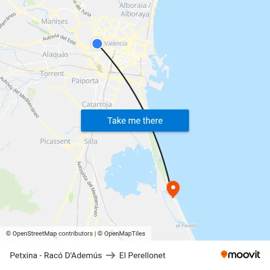 Petxina - Racó D'Ademús to El Perellonet map