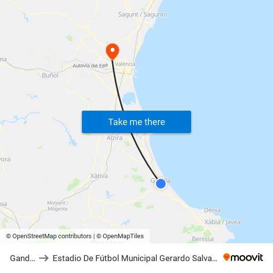 Gandía to Estadio De Fútbol Municipal Gerardo Salvador map