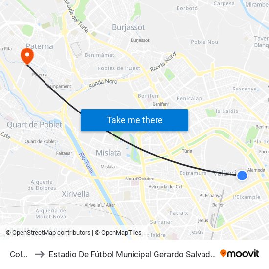 Colón to Estadio De Fútbol Municipal Gerardo Salvador map